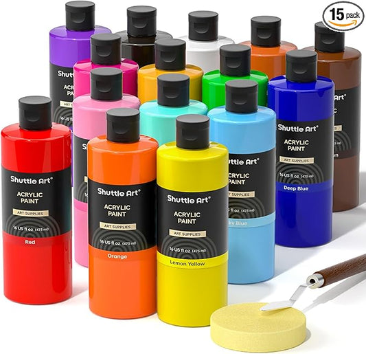 Shuttle Art Acrylic Paint, 15 Colors Acrylic Paint Large Bottle Set, 473ml/16oz Each, Rich Pigments, High Viscosity, Bulk for Artists, Beginners and Kids on Rocks Crafts Canvas Wood