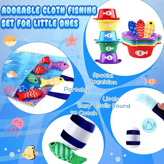 Montessori Fish Toys, 22 PCS Cloth Fishing Game for Toddlers 6 to 12 Months Girls Boys, Baby's Sensory Toy with Stacking Cups, Number Counting, Color Sorting, Fishing Game for Boy Girl Birthday Gift