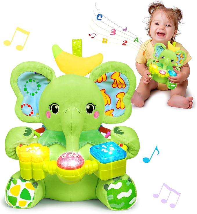 Baby Elephant Musical Stuffed Animals Toy with Light-Up Music & Crinkle Sound Paper,Infant Bilingual Early Learning Education Toys,Tummy Time Toys for 0-3-6-12+ Months Boy Girl, Green