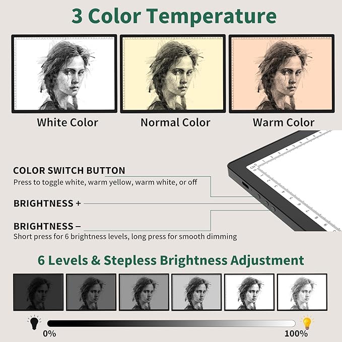 HIUKCOLED A3 Built-in Tilt Stand Light Tracing Box, 6-level&Stepless Dimmable Adjustable Brightness Light Pad with 3 Colors,Battery Powered LED Light Board for Drawing,Diamond Painting,Sketching,X-Ray