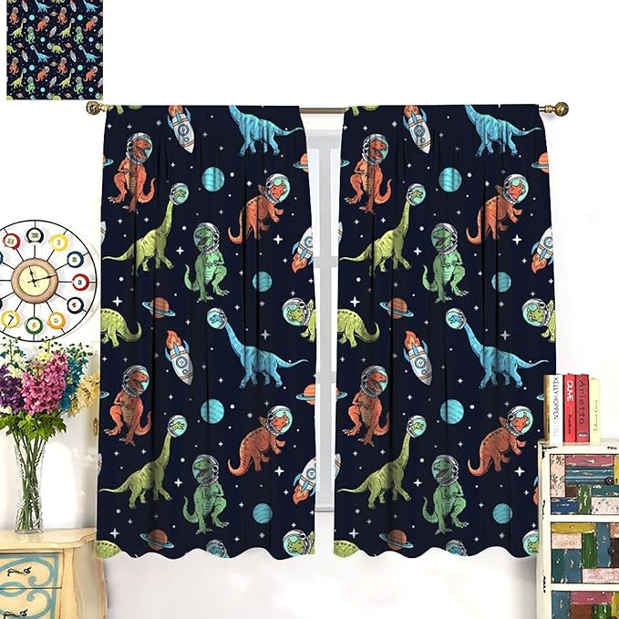 Cartoon Dinosaur Curtains for Kids Boys Girls Home Decor, Astronaut Rocket Funny Outer Space Blackout Rod Pocket Window Drapes for Bedroom Living Room W31.5xL63in 2 Panels