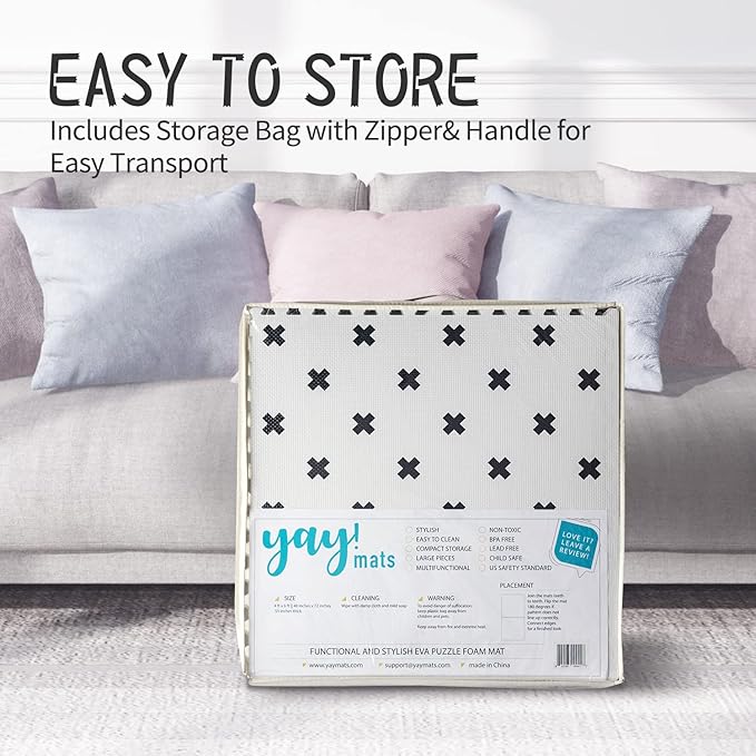 Yay Mats Stylish Extra Large Baby Play Mat. Soft, Thick, Non-Toxic Foam Covers 6 ft x 4 ft. Expandable Tiles with Edges Infants and Kids Playmat Tummy Time Mat (Brooklyn Cross White)