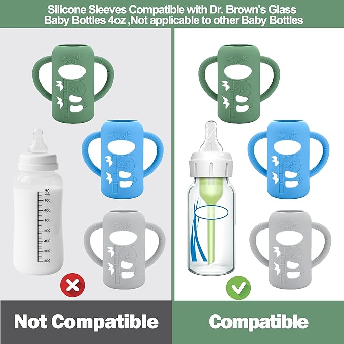BUSOHA 3 Pack Silicone Sleeves for Dr. Brown's Glass Baby Bottles - Drop Protection Baby Bottle Sleeves Compatible with Dr. Brown's Newborn Glass Bottles with Silicone Handles,4 oz