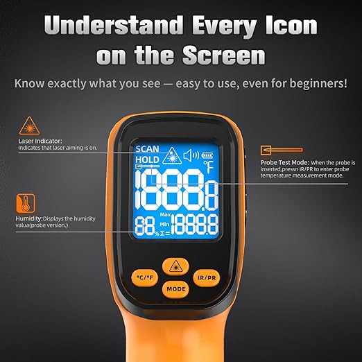 Dual-Mode Infrared Thermometer Gun,-58°F to 1472°F Laser Temp Gun, -58°F to 572°F K‑Type Probe with Humidity Display, 12:1 D:S