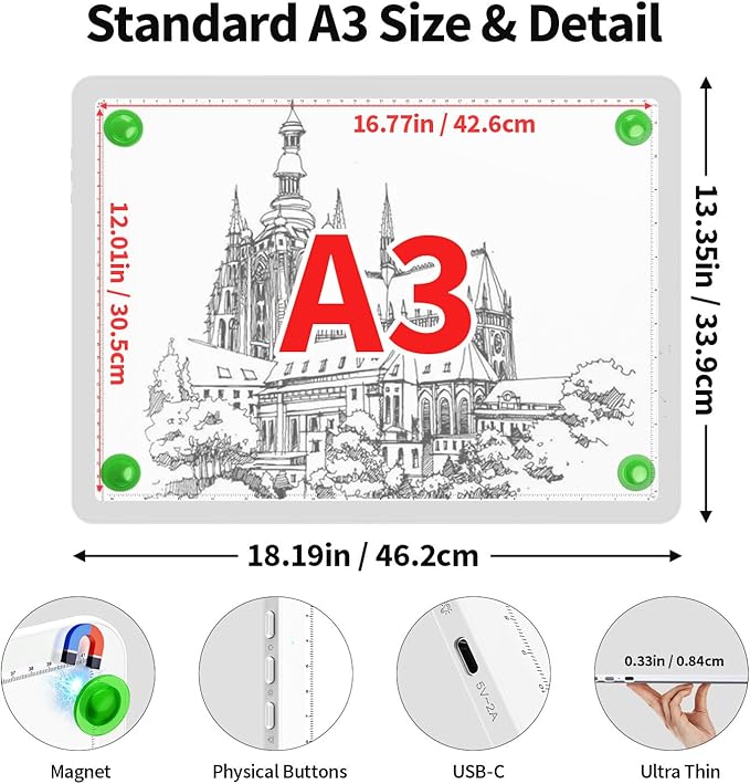Zocelight Rechargeable A3 Tracing Light Box with Padded Case,Diamond Art Light Board with 4 Magnets,Wireless Light Pad for Diamond Painting,Ultra Bright Light Table for Drawing, Sketching(White)
