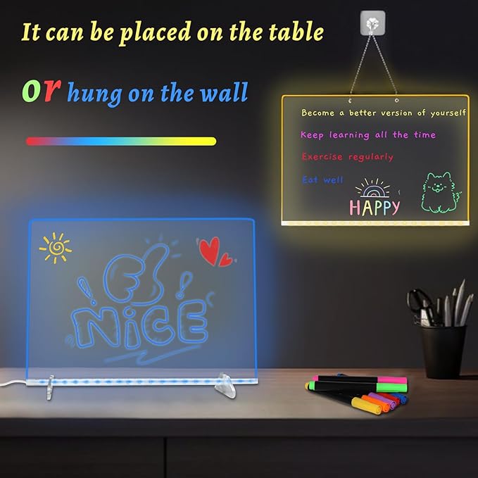 LED Drawing Board with Colors –13.7x9.84 Inch Acrylic Light-Up Message Board, Includes 7 Markers, Adapter, Stand, Hanging Chain, Soft Cloth, Spray Bottle, for Home, Office, Kitchen, and Bedroom