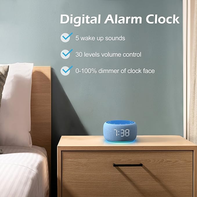 Buffbee Sound Machine & Alarm Clock 2-in-1, 0-100% Clock Face Brightness, Bottom Colored Light, Sleep Timer, Precise 30-Level Volume Control White Noise Machine - Twilight