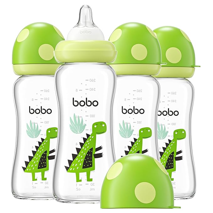 YOHKOH Natural Glass Baby Bottle with Natural Response Nipple, Newborn Anti-Colic Baby Bottles, Wide Neck Mushroom Cap Baby Bottle, Clear (8.8ounce (Pack of 4), Green2)