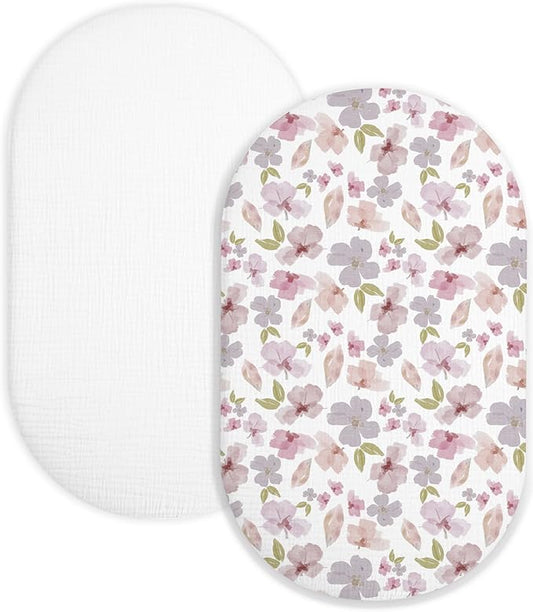 Bassinet Sheet for Baby Boy and Girl 2 Pack, Fitted Sheets for Rectangle, Oval, Hourglass Bassinet Mattress, Muslin Moses Basket Sheets with Neutral Style (Purple Petals & White)