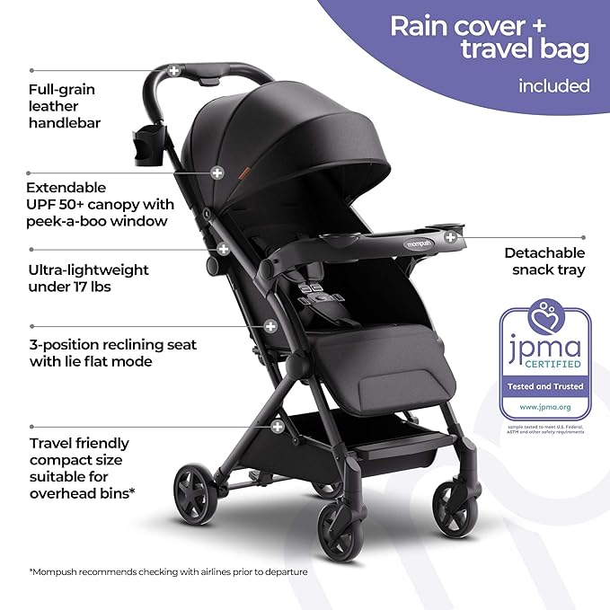 Mompush Lithe V2 Lightweight Travel Stroller, Compact Foldable Baby Stroller with Travel Bag, One-Hand Fold Stroller, Snack Tray, Mechanical Recline Seat, Airplane-Ready, UPF 50+ Canopy & Rain Cover