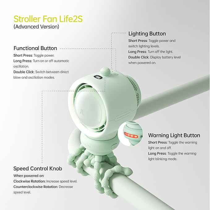 JISULIFE Stroller Fan Baby Large, Safe Bladeless for Crib, Desk, Portable Battery Rechargeable Cooling Fan with Air Turbo Tech, LED Display, Night Light, Food-Grade Gift for Mom/Dad/Friend - Green