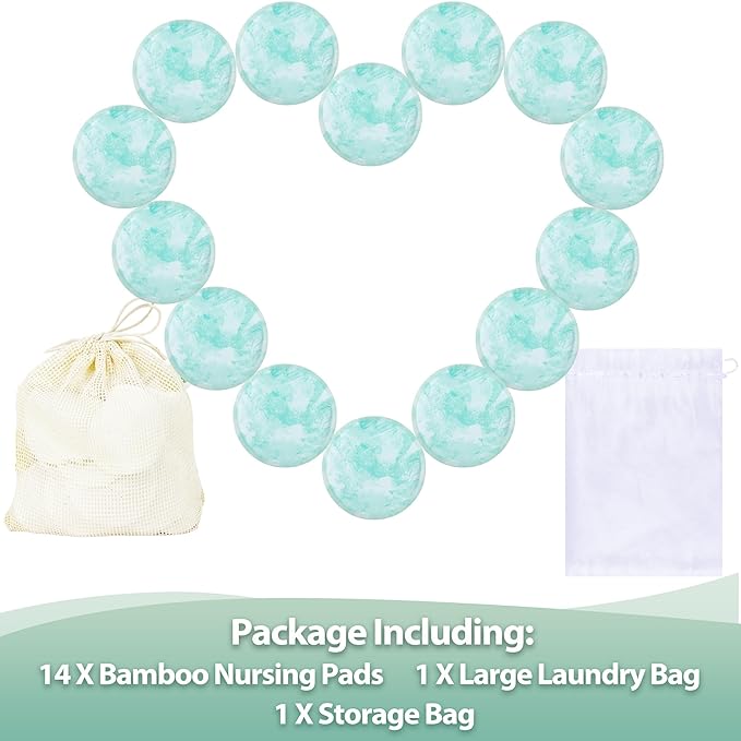 wegreeco Nursing Breast Pads (14 Pack) + Laundry Bag & Travel Storage Bag, 4.7 inch - Washable & Reusable Breastfeeding Nursing Pads (Plain Shape, Blue Wave, Large)