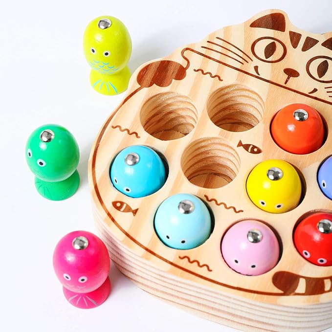 Montessori Magnetic Wooden Fishing Game for Toddlers 1-3 Years Old,Fine Motor Skills Early Learning Eyes Hands Cooperation Toy for Boys & Girls Great Birthday Gift