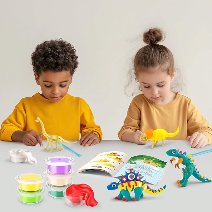Drama Planet Dinosaur Air Dry Clay Kit – Create 5 Dinosaur Models with 12 Colors of Modeling Clay, Instruction Guide – Fun & Educational Craft Set for Kids