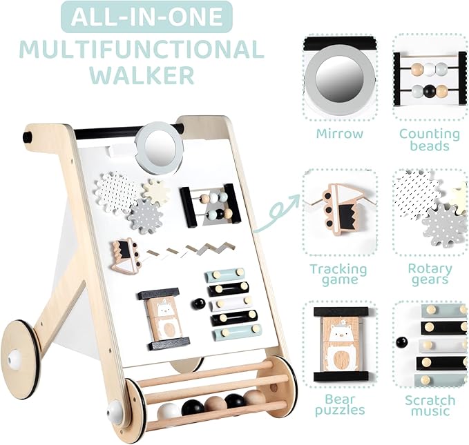 Beright Wooden Baby Walker with Roller, Push and Pull Learning Activity Walker, Multi-Functional Kidsβ Activity Toy, Multiple Activities Center, Develops Motor Skills & Stimulates Creativity, Natural