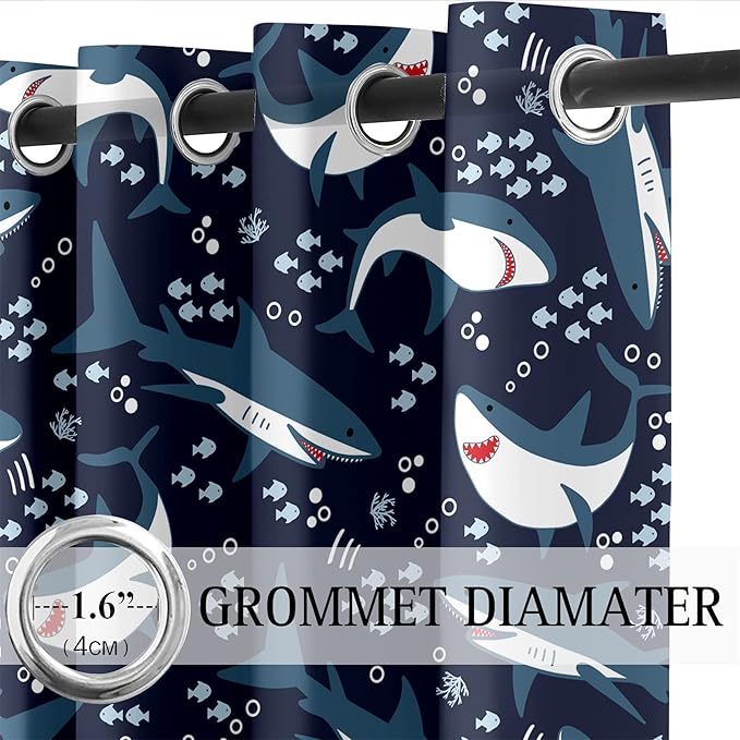 Cartoon Shark Blackout Curtain Panels Curtains Blue Curtains for Boys Bedroom Grommet Top Window Treatment 2 Panels Drapes Kids Room Decor Navy Blue Curtains 84 Inch Length, 82''x84''