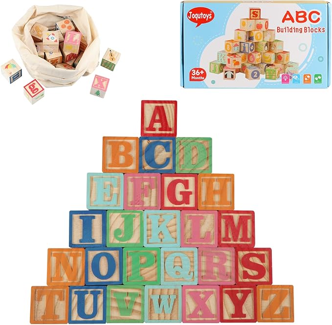Joqutoys ABC Wooden Building Blocks for Toddlers 1-3 Large, 26 PCS Alphabet & Number Stacking Blocks, Educational Learning Toys for Boys Girls Kids Gifts 1.65''