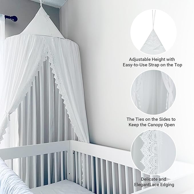 OldPAPA Kids Bed Canopy with Pom Pom Hanging Mosquito Net for Baby Crib Nook Castle Game Tent Nursery Play Room Decor,White