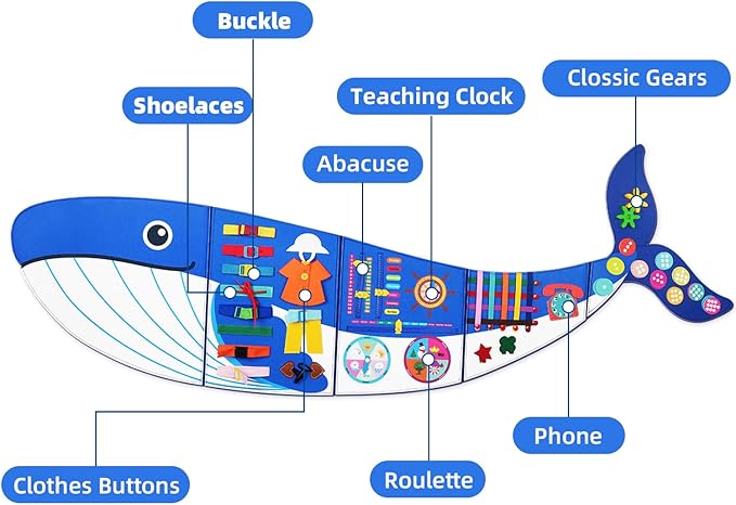 Whale Busy Board Montessori Busy Board, Sensory Toys Toddler Toys Sensory Wall Activity for Toddler- Preschool Learning Panel Center for Kids 3+ Year Old Boys Gifts Girls Gifts(Birthday Christmas) 