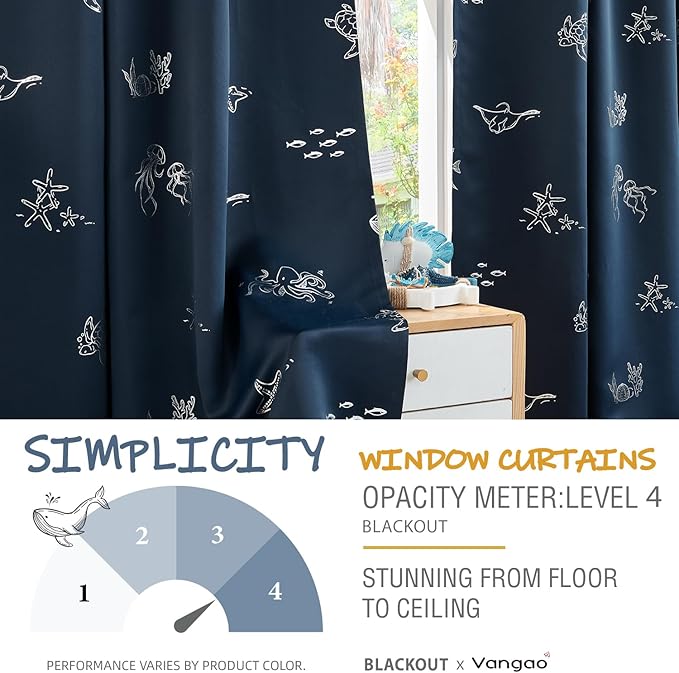 Vangao Kids Curtains for Boys Bedroom Kids Blackout Curtains 84 Inch Length Ocean Aquarium Nursery Drapes for Girls Bedroom Silver Sea Animals Print Thermal Insulated Drapes, Navy Blue 2 Panels