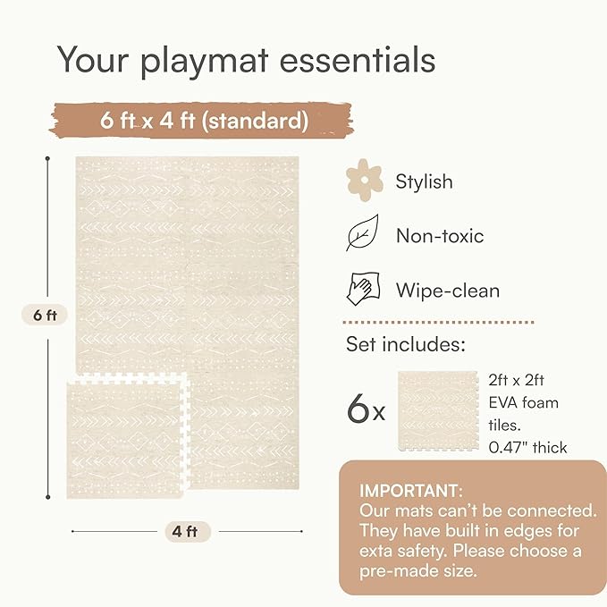Baby Play Mat for Floor – 4x6ft Beige | Soft Non Toxic Premium EVA Foam Tiles for Tummy Time, Crawling & Playroom – Waterproof Interlocking Floor Mat for Babies & Toddlers by Lillefolk (6 Tiles)
