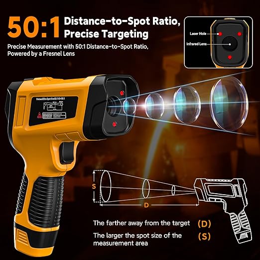Industrial Infrared Thermometer Gun, 50:1 D:S Ratio, -58°F-3992°F, Triple Laser, High Precision Temp Gun for Kiln, Engine, HVAC, BBQ, Industrial Inspection