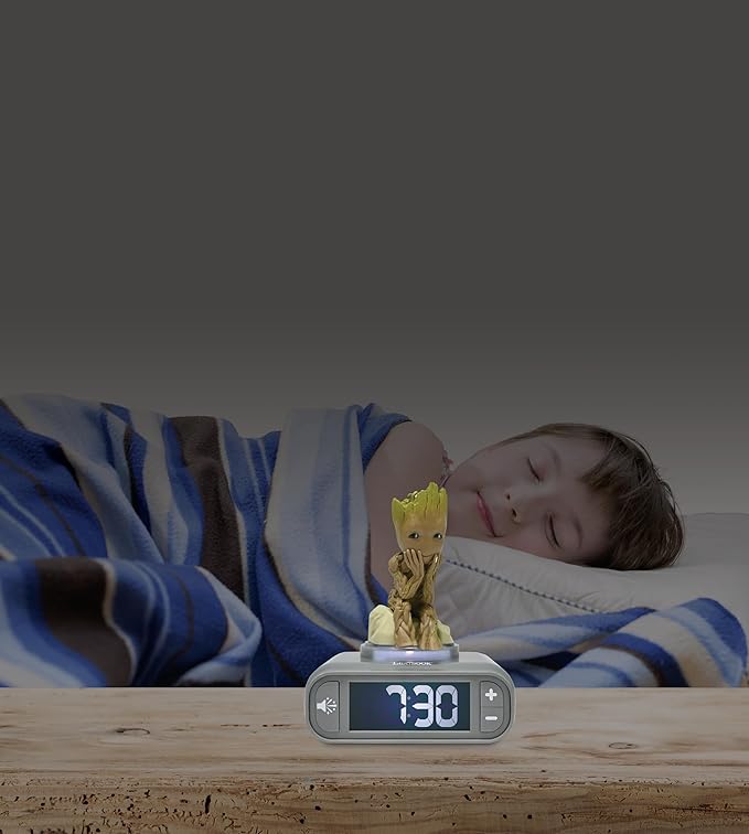 LEXiBOOK, Marvel Guardians of The Galaxy, Groot Nightlight Alarm Clock, Sounds and Melodies, Backlit LCD Screen, Illuminated, Snooze, Grey/Brown, RL800GG