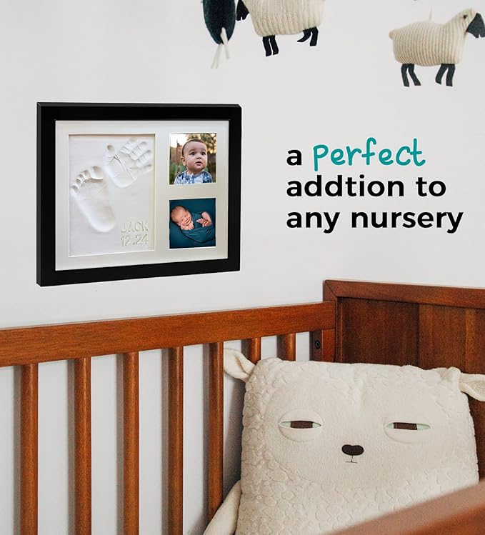 Baby Hand & Footprint Clay Keepsake Photo Frame Kit - w/Silicone Stencil for a Personalized Gift. Wood Frame, Wall/Table Mount. Perfect Registry, Baby Shower, New Mom, Birthday & Newborn Gift - Black