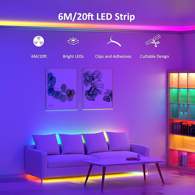 NOVOSTELLA 20ft RGB Smart LED Strip Lights Kit, Music Sync APP RGB Color Changing Flexible Dimmable 180 Units SMD 5050 LEDs Tape with 24 Key Remote, LED Ribbon for Home Lighting Kitchen Bar, 24V