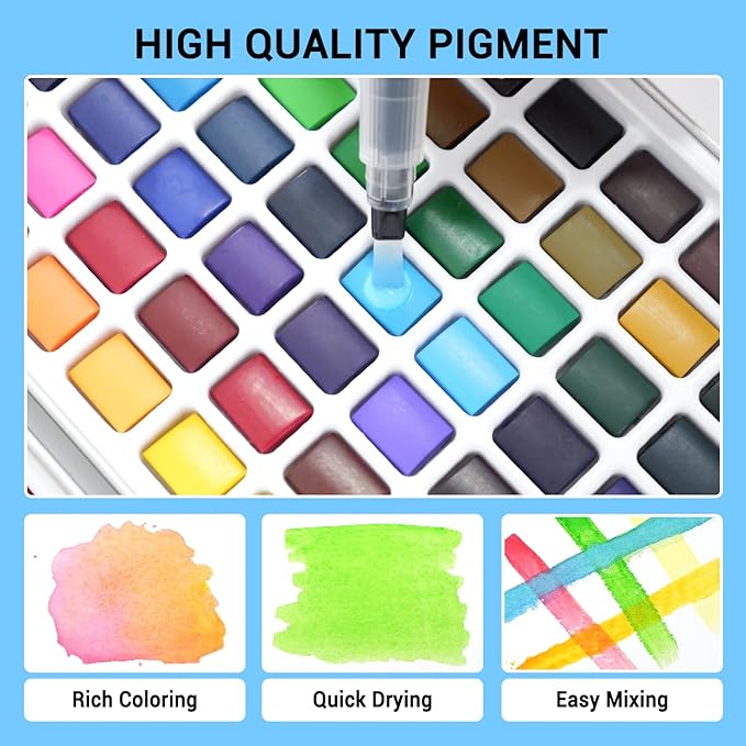 Watercolor Paint Set, 168 Vivid Colors with Regular, Macaron, Metallic & Fluorescent Colors, Travel Watercolor set including Palette, Water Brush Pens, Art Supplies Kit Great for Artists, Beginners