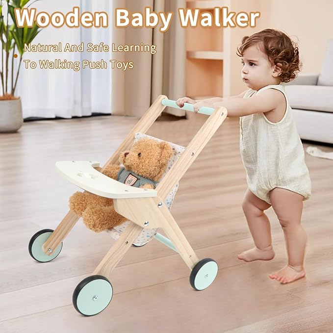 Wooden Baby Walker Doll Stroller, Baby Push Walker, Shopping Cart Learning Walk for Boys and Girls, Wood Push Toys for Toddler Learning to Walk