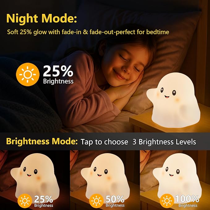 Halloween Ghost Night Light RGB โ Touch Night Light for Kids, Rainbow Color-Changing,30-Min Timer,Sounds & Sleep Music, Squishy Silicone, USB Rechargeable, Nursery Decor, Ghost Light Decor