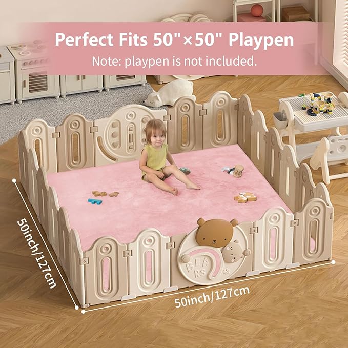 Baby Play Mat for Floor,1.3" Thick Elasti-Foam 50"×50" Playpen Mat for Tummy Time,Water Repellent Soft Coral Velvet for Toddler,Infant,Kids,Non-Slip Backing Safe for Crawling(Pink)