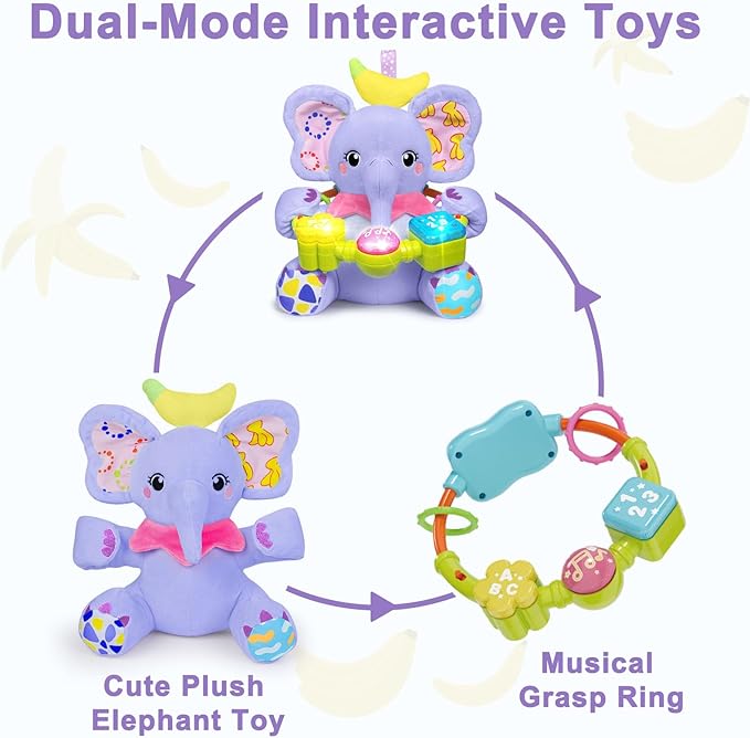 Baby Elephant Musical Stuffed Animals Toy with Light-Up Music & Crinkle Sound Paper,Infant Bilingual Early Learning Education Toys,Tummy Time Toys for 0-3-6-12+ Months Boy Girl, Purple