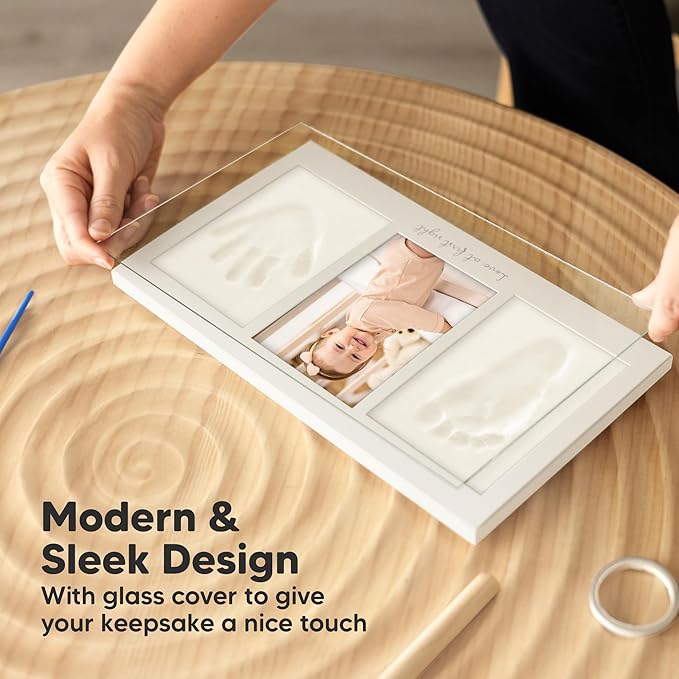 Baby Hand and Footprint Kit - Clay Handprint Keepsake Frame, Newborn Nursery Picture Frame, Personalized New Mom Gifts for Baby Shower & Registry (Bamboo)