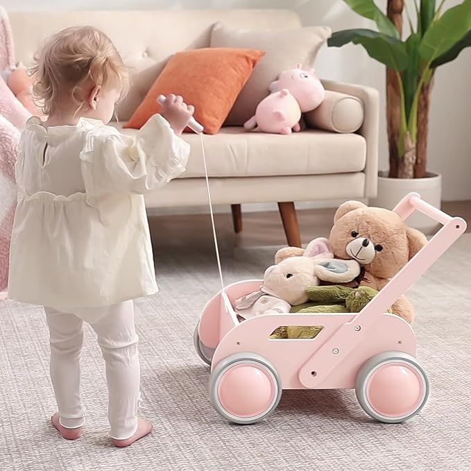 2025 HOMEKOL Wooden Baby Walker,Baby Push Walker, Adjustable Speed Baby Walker for Boys and Girls, Baby Activity Center, Gift for Birthday, Christmas and New Year Nature Pink