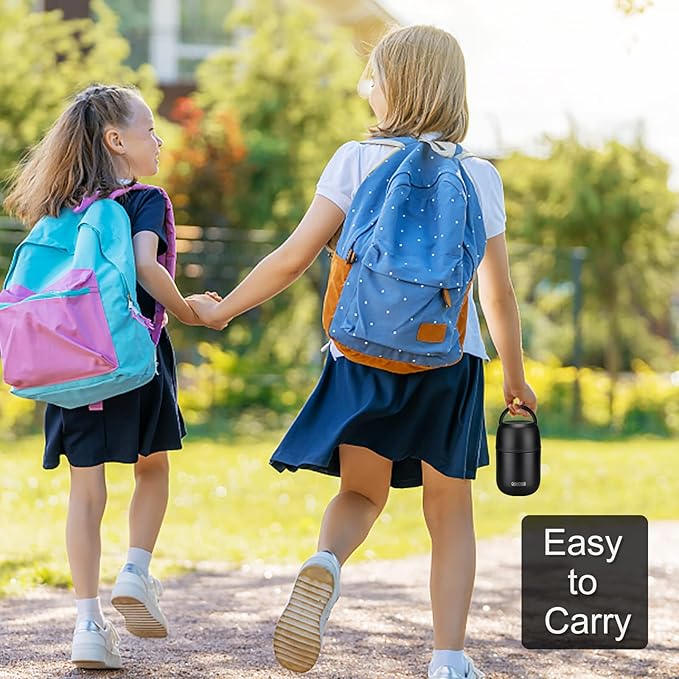 17 oz Insulated Lunch Containers, Black, Vacuum Stainless Steel Thermo Lunch Box with Handle and Folding Spoon for School, Office, Travel