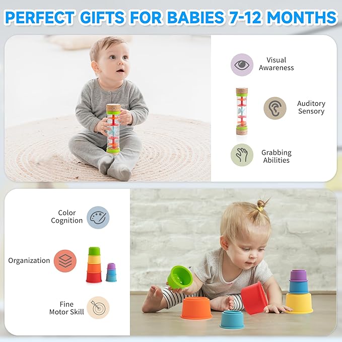 Montessori Toys for Babies 6-12 Months, 9 in 1 Educational Wooden Toys Set, Includes Object Permanent Box, Stacking Cups, Mirror Puzzle, Ring Stacker and More