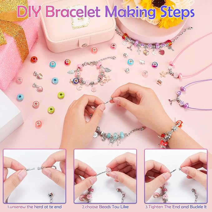 Girls Charm Bracelet Making Kit with Jewelry Box for Kids Charm Beads for Jewelry Making DIY Bracelet Craft Kit for Girls Age 8-12 Birthday Gifts Valentine Christmas