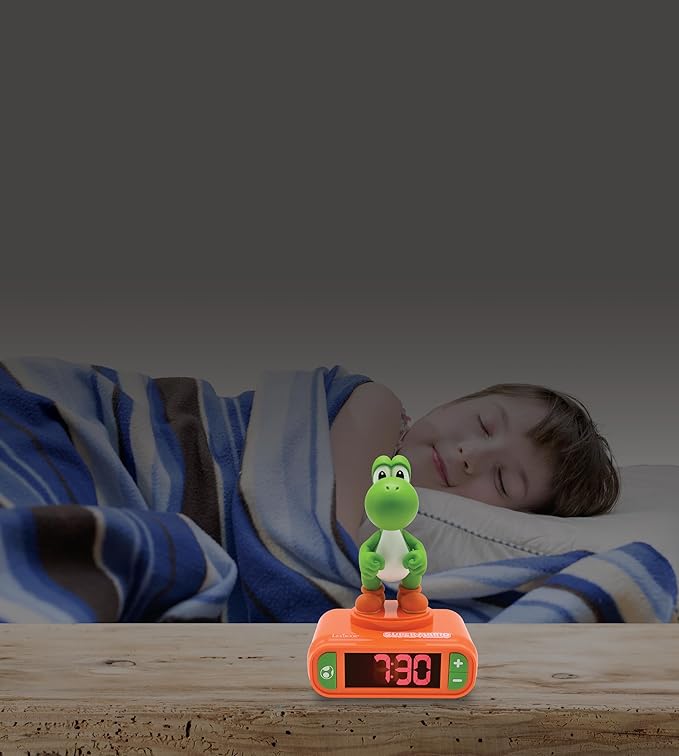 LEXiBOOK, Super Mario, Yoshi Nightlight Alarm Clock, Sounds and Melodies, LCD Backlit Screen, Luminous, Snooze, Red/Green, RL800NI1