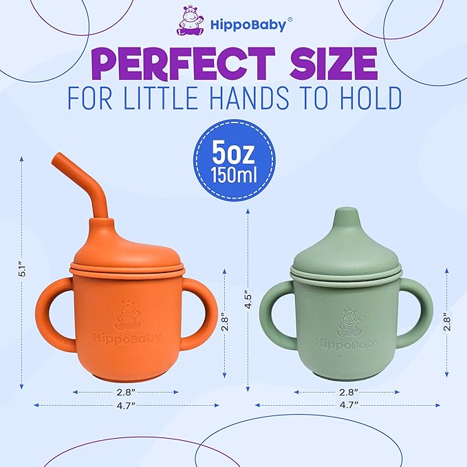 Silicone Transition Sippy Cup for 6+ month old | Includes 1 Toddler straw cup & 1 Baby Sippy Cup with Handles 5 oz | Perfect for Baby Led Weaning (Autumn/Mint, 5 oz)