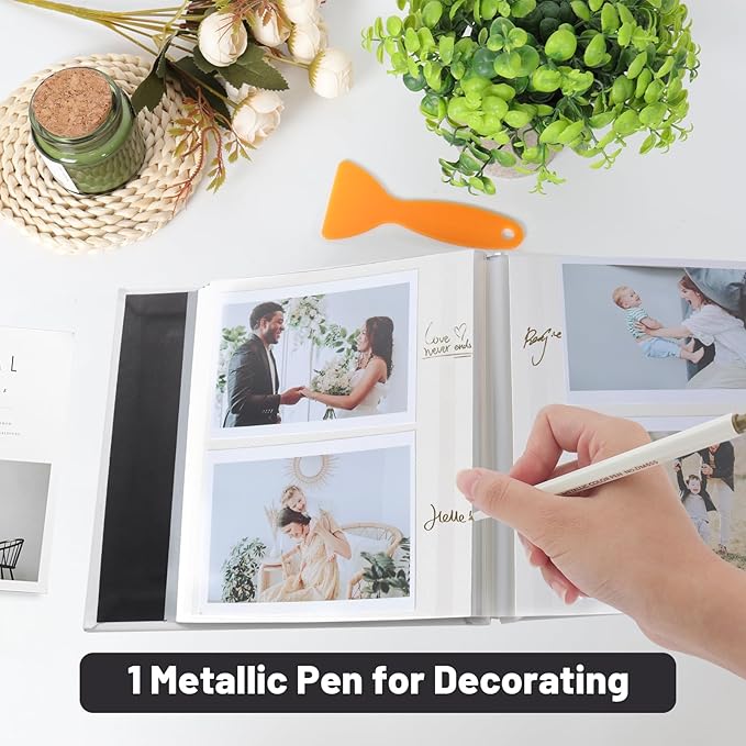 RECUTMS Photo Album Self Adhesive Magnetic Scrapbook 4x6 5x7 8x10 Pictures Scrapbook Album, 40 Pages Photo Book for DIY Baby Family Wedding with Metal Pen and Plastic Board (White)