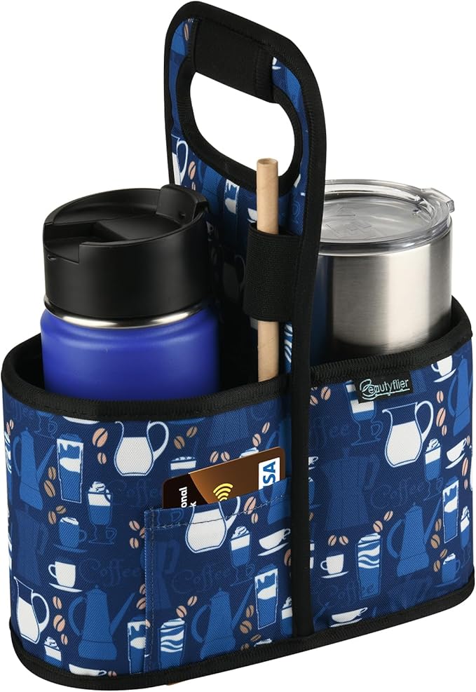 Beautyflier Drink Carrier with Handle for Delivery Reusable Insulated Coffee Cup Carrier Portable Cup Holder with Handle Organizer Tote Bag for Hot & Cold Drinks (2 Cup, Pattern2)