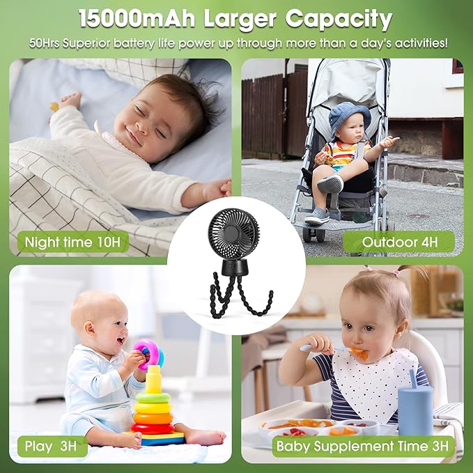 50H Portable Stroller Fan, 15000mAh Ultra-Long Battery Powered Rechargeable Personal Fans, Tripod Clip Fan with Auto Rotation,3 Speed Desk Handheld Cooling for Travel Car Seat Bedroom