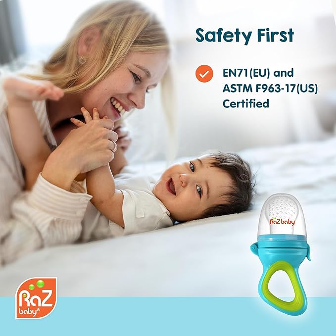 RaZbaby Baby Solids/Frozen Fruit Feeder Pacifier, Infant Teether Toy 6M+, BPA-Free, Safely Introduce Solids, Natural Teething Relief, Dishwasher Safe, Freezable – Blue & Orange 2-Pack