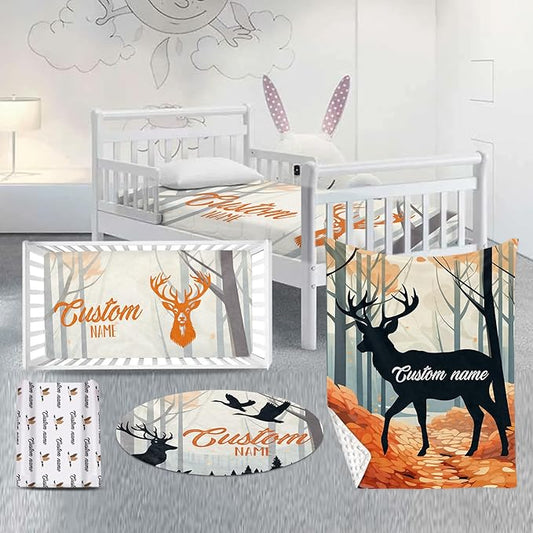 Custom Nursery Crib Bedding Set: Personalized Name 4 Piece Orange Sika Deer Design Baby Crib Sets for Baby Girls - Toddler Double Layer Blanket Set, Comfortable Crib Bed Sheets for Baby Toddlers