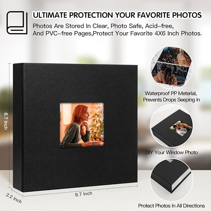 Photo Album 4x6 240 Photos with Writing Space Leather Cover with Front Window Picture Album, 240 Photos 4x6 Photo Album Book for Wedding Kids Travel Family Baby Pictures (Black)