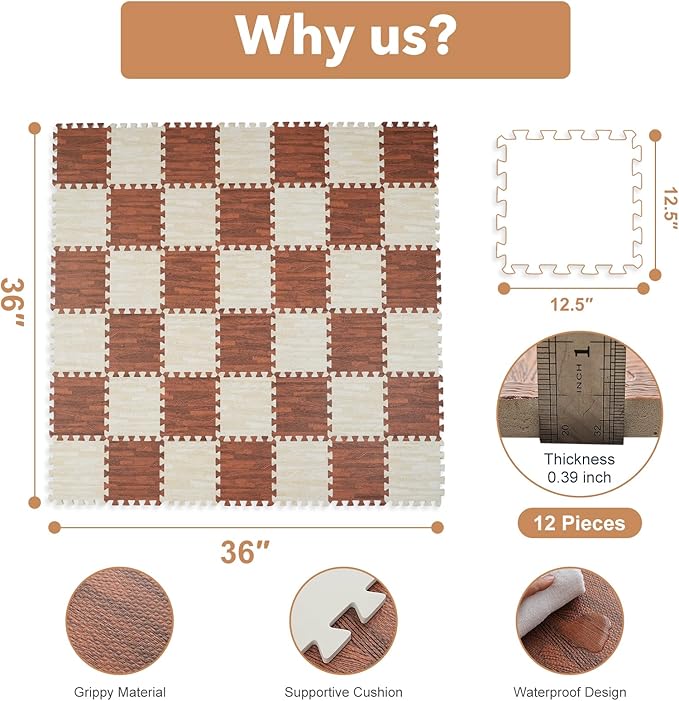 Skyweaver 36 Tiles Soft Non-Toxic Baby Play Mat for Floor EVA Foam Jigsaw Puzzle Play Mat, Interlocking Squares with 0.6inch for Babies, Toddlers & Kids Gym, Nursery, Playroom, White