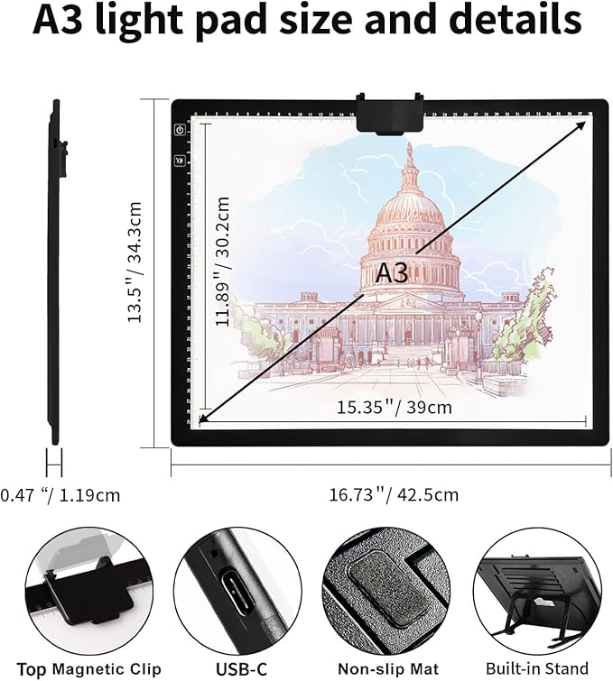 Rechargeable A3 Light Pad for Diamond Painting,Tracing Light Box with Stand and Clip,3 Colors Stepless Dimmable and 6 Levels of Brightness Light Board for Artists,Drawing,Sketching,Animation