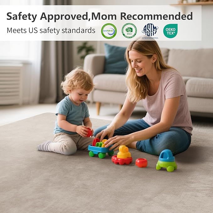 Baby Play Mat for Floor,1.3" Thick Elasti-Foam 50"×74" Playpen Mat for Tummy Time,Water Repellent Soft Coral Velvet for Toddler,Infant,Kids,Non-Slip Backing Safe for Crawling(Beige)